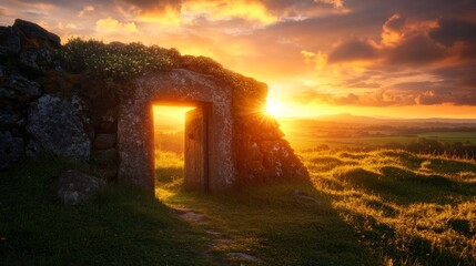 Golden Sunset Through Ancient Stone Entrance