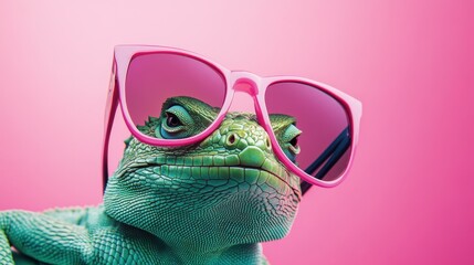 Cool lizard wearing pink sunglasses, colorful fun pet portrait, playful animal photography, summer vibes, quirky style, trending tropical aesthetics.