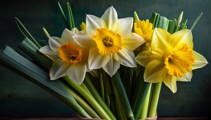 Fototapeta premium vibrant daffodils and leeks bouquet