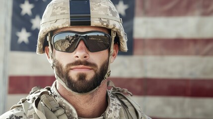 Soldier in Camouflage Uniform with Sunglasses Posing Against American Flag Background