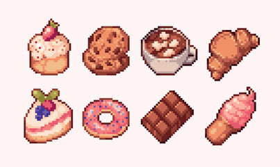 Desserts and sweets pixel art set. 8 bit. Game development, mobile app. Isolated vector illustration.