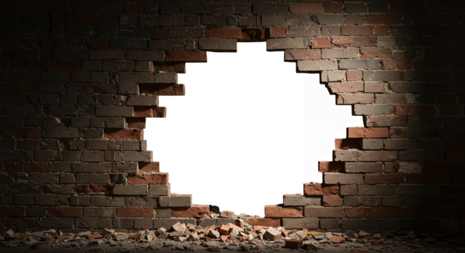 Dramatic Brick Wall with a Broken Opening, Ready for Your Design, cut out