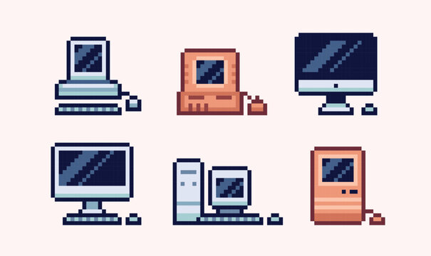 Computors pixel art set. Classic vintage pc collection. 8 bit. Game development, mobile app. Isolated vector illustration.