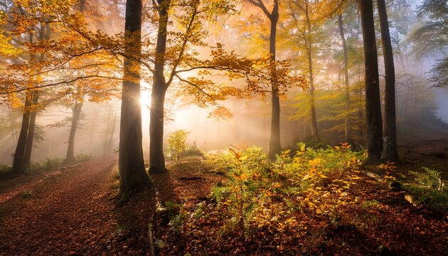 a serene forest scene with vibrant autumn foliage illuminated by soft sunlight filtering through misty trees