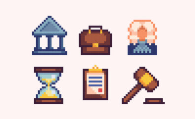 Law and justice pixel art set. Legal, politics, jurisprudence collection. 8 bit. Game development, mobile app. Isolated vector illustration.