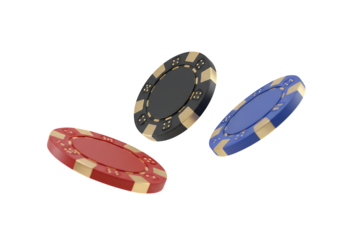 Three Floating Casino Chips in Red, Black, and Blue isolated on white or transparent png background