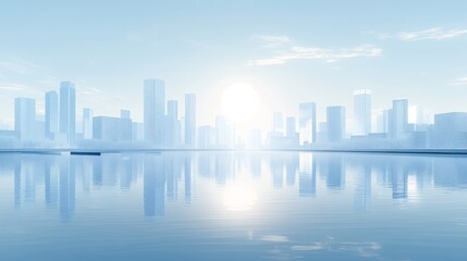 Distant city skyline reflecting in calm blue water