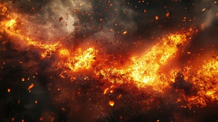 Fototapeta premium Eruption of fire and embers create a dramatic, fiery explosion filling the sky, showcasing extreme heat and chaotic destruction with an ominous atmosphere