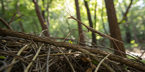 Stick Insect Camouflaged Among Twigs