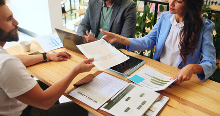 Meeting, colleagues and people with documents, cafe or team with marketing proposal for campaign....