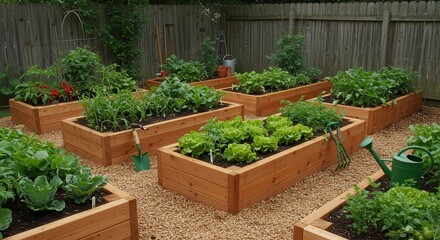 Raised Garden Beds Growing Vegetables in Backyard Setting with Tools
