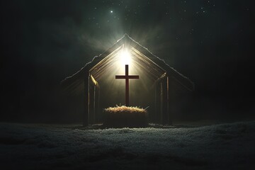 Illuminated Cross in Wooden Manger, Christmas Nativity Scene, Winter Night