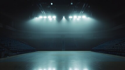 Empty sports arena illuminated by bright overhead stadium lights