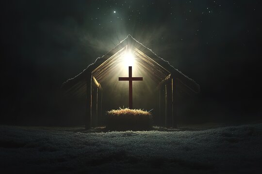 Illuminated Cross in Wooden Manger, Christmas Nativity Scene, Winter Night