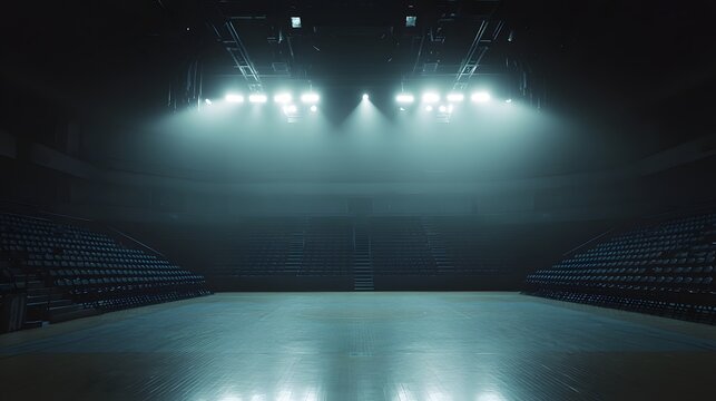 Empty sports arena illuminated by bright overhead stadium lights