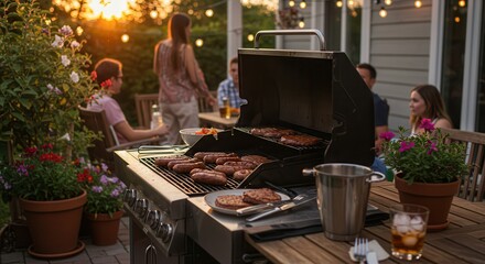 Grilling Sausages and Burgers in Backyard at Sunset Gathering