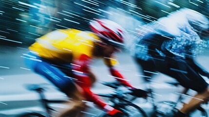 Obraz premium Cyclists racing in the rain, vibrant motion blur, adrenaline, sports competition, fitness challenge, active lifestyle, international cycling events.