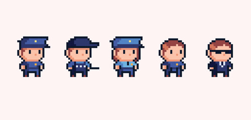 Police and security chibi human figures pixel art set. Adorable kawaii policeman, officer and safeguard collection. 8 bit. Game development, mobile app. Isolated vector illustration.