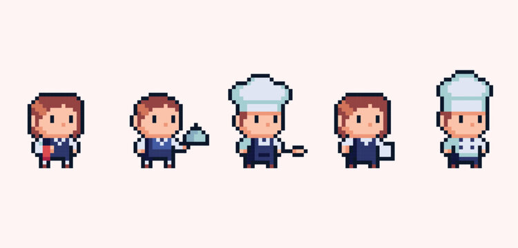 Restaurant staff chibi human figures pixel art set. Adorable kawaii chef, server and waiter collection. 8 bit. Game development, mobile app. Isolated vector illustration.