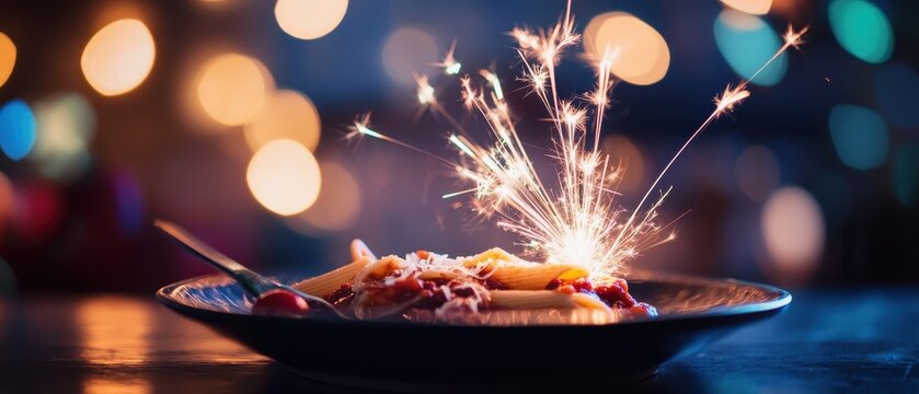 Delicious pasta dish with festive sparklers, perfect for New Years Eve celebrations, gourmet dining, family gatherings, restaurant ambiance, and holiday festivities.