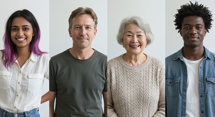Diverse Faces of Humanity: A collage of four individuals of different ages, ethnicity, and backgrounds, each embodying a unique persona. Their expressions exude warmth, friendliness, and authenticity.
