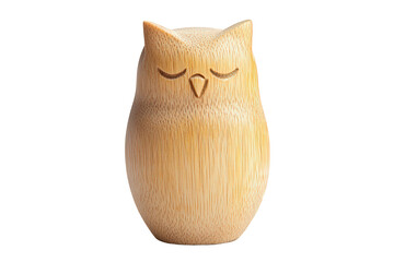 A carved wooden owl figurine with intricate detailing, featuring closed eyes and a smooth, rounded body, Transparent Background.