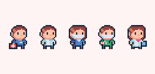Medical staff chibi human figures pixel art set. Adorable kawaii doctor, surgeon and nurse collection. 8 bit. Game development, mobile app. Isolated vector illustration.