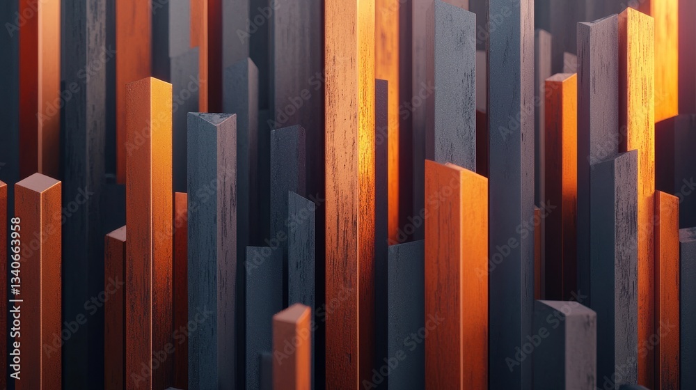Poster a vibrant arrangement of vertical wooden structures, showcasing a blend of orange and gray hues, cre