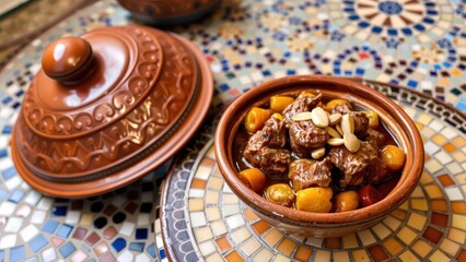 Moroccan tagine with beef and apricots served in a traditional earthenware pot
