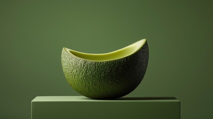 3d rendering of a green bowl on a white pedestal. the bowl is made of a textured material, possibly a fruit or vegetable, and has a curved shape with a smooth surface.