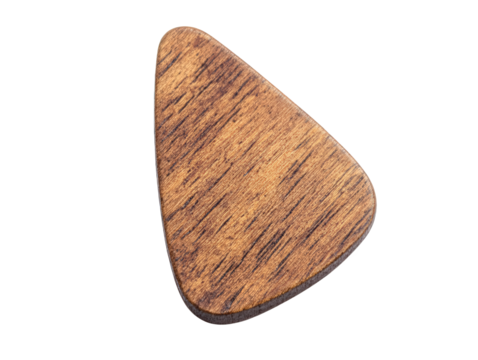 A wooden guitar pick with a smooth surface and a triangular shape, showcasing natural grain patterns and rich texture, Transparent Background.