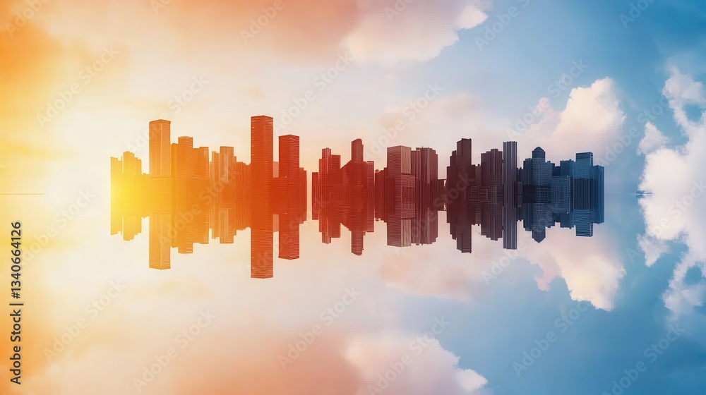 Aufkleber a vibrant city skyline reflects against a colorful sky, creating a stunning visual contrast between 