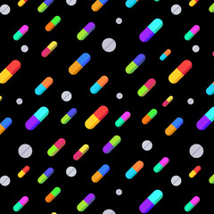 Seamless pattern of colorful pills and medicine capsules on black.