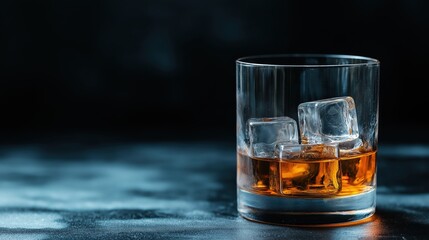 Close-up of a glass of whiskey with ice cubes in it. the glass is filled with a golden-brown liquid, likely whiskey, and the ice cubes are arranged neatly in the glass.