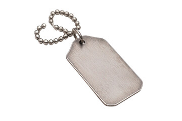 A metallic identification tag with a smooth surface, attached to a chain of small beads, Transparent Background.