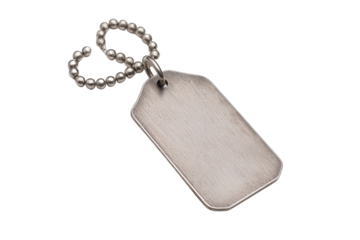 A metallic identification tag with a smooth surface, attached to a chain of small beads, Transparent Background.