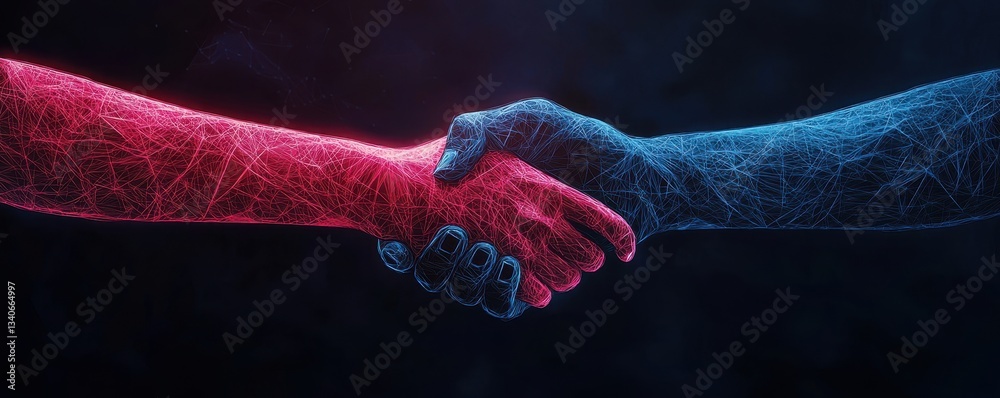 Poster a vibrant digital handshake between red and blue hands symbolizes unity and collaboration in a futur