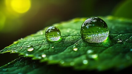 Close-up of water drops on a green leaf with reflections, showcasing freshness in nature during the morning