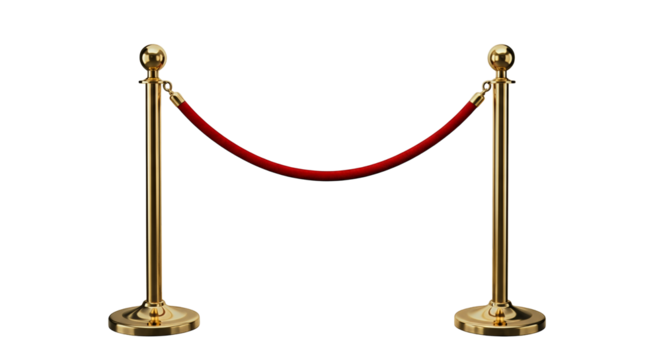Gold stanchions with red rope create a VIP area isolated on white or transparent png background