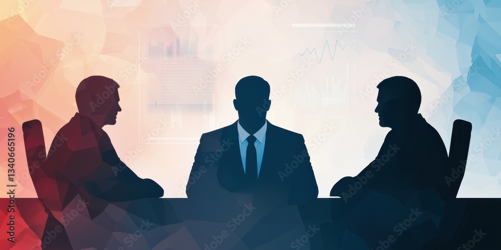 Poster silhouettes of three businessmen in a meeting, emphasizing collaboration and strategy against a colo