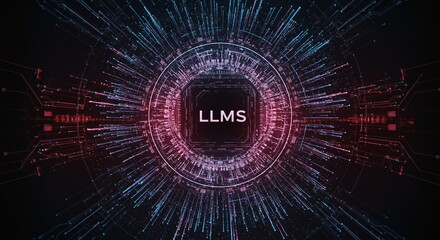 LLMS: An eye-catching digital interface radiates with a network of interconnected data streams, encapsulating the complex and innovative LLMS technology. The design captures innovation.