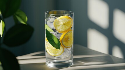 Tall glass of water with ice cubes and lemon slices. the glass is placed on a wooden table with a plant in the background.