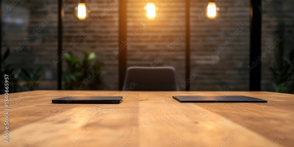 Aufkleber A warm, illuminated table setting with two devices and a cozy atmosphere, perfect for meetings or collaborative work.