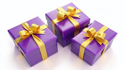 Purple Gift Box with Yellow Bow, Realistic 3D Render, Multiple Angles, Isolated on White Background