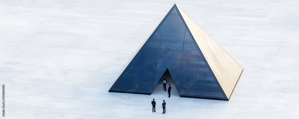 Poster A striking aerial view of a pyramid-shaped structure with individuals standing in front, surrounded by a vast, white landscape.