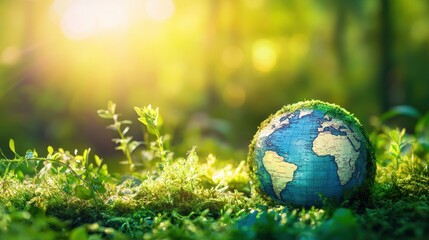 Earth globe surrounded by vibrant greenery, symbolizing sustainability and environmental awareness, celebrating Earth Day, nature conservation, eco-friendly living.