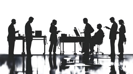 Silhouetted figures work collaboratively in a professional setting, showcasing teamwork and focused activity.