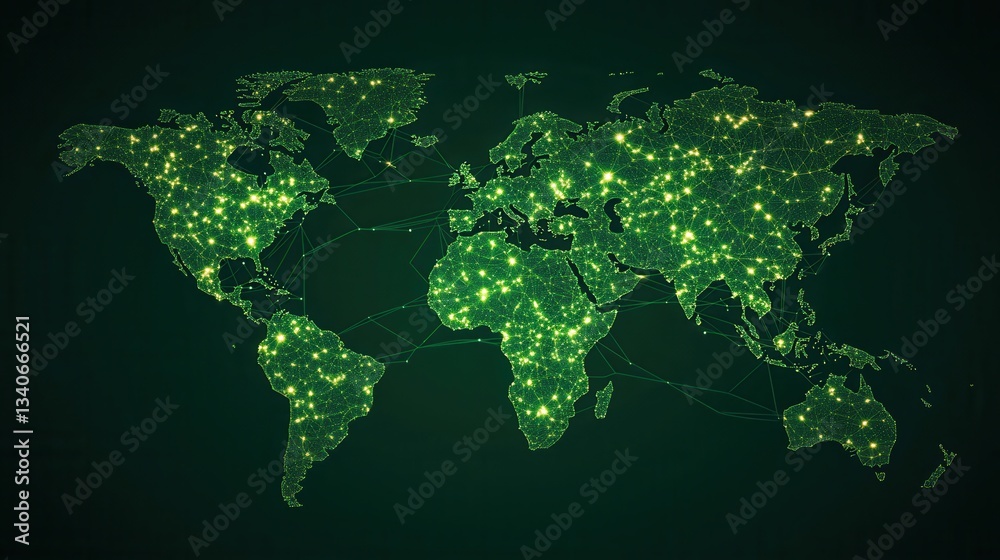 Poster a digital map of the world illuminated with green lights, representing connectivity and global netwo