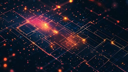 Fototapeta premium Abstract Digital Network Glowing Orange and Red Lines Dark Background