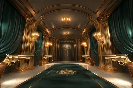 A 3D-rendered scene of a mafia boss in a lavish office, surrounded by gold-plated pistols, crystal whiskey glasses, and luxurious decor with velvet curtains
